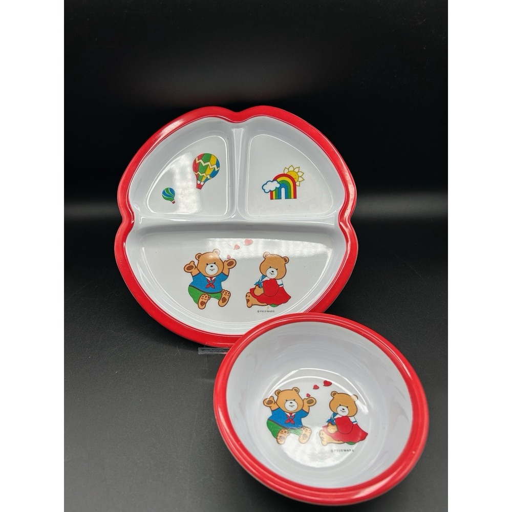 VTG 2 Piece PecoWare Child's Divided Plate And Bowl Teddy Bears Rainbow